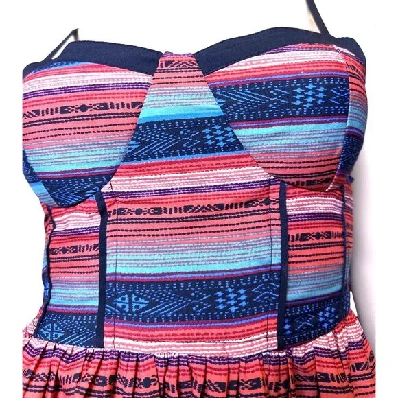 Band Of Gypsies Striped Corset Bustier Mini Dress Smocking Red Blue Size Small - Picture 8 of 13